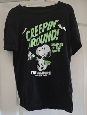 Peanuts Black Tee with Neon Green & White Snoopy Graphic